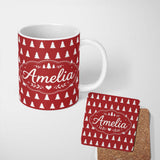 Personalized Custom Name Minimal White Christmas Trees on Red Background Simple Holiday 11oz Ceramic Coffee Tea Mug White Large Handle