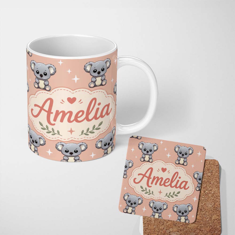 Personalized Custom Name Cute Koala Bears with Stars Peach Background Seamless Pattern Lovely 11oz Ceramic Coffee Tea Mug White Large Handle