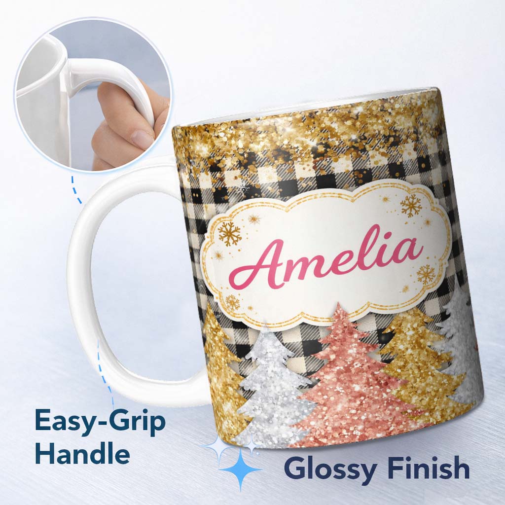 Personalized Custom Name Black Gold Christmas Plaid Pattern Festive Snowflake Seamless Design 11oz Ceramic Coffee Tea Mug White Large Handle