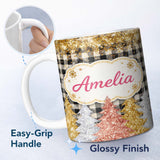 Personalized Custom Name Black Gold Christmas Plaid Pattern Festive Snowflake Seamless Design 11oz Ceramic Coffee Tea Mug White Large Handle