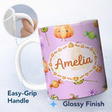 Personalized Custom Name Cute Watercolor Pumpkins and Candy Sweets on Sage Green Background 11oz Ceramic Coffee Tea Mug White Large Handle