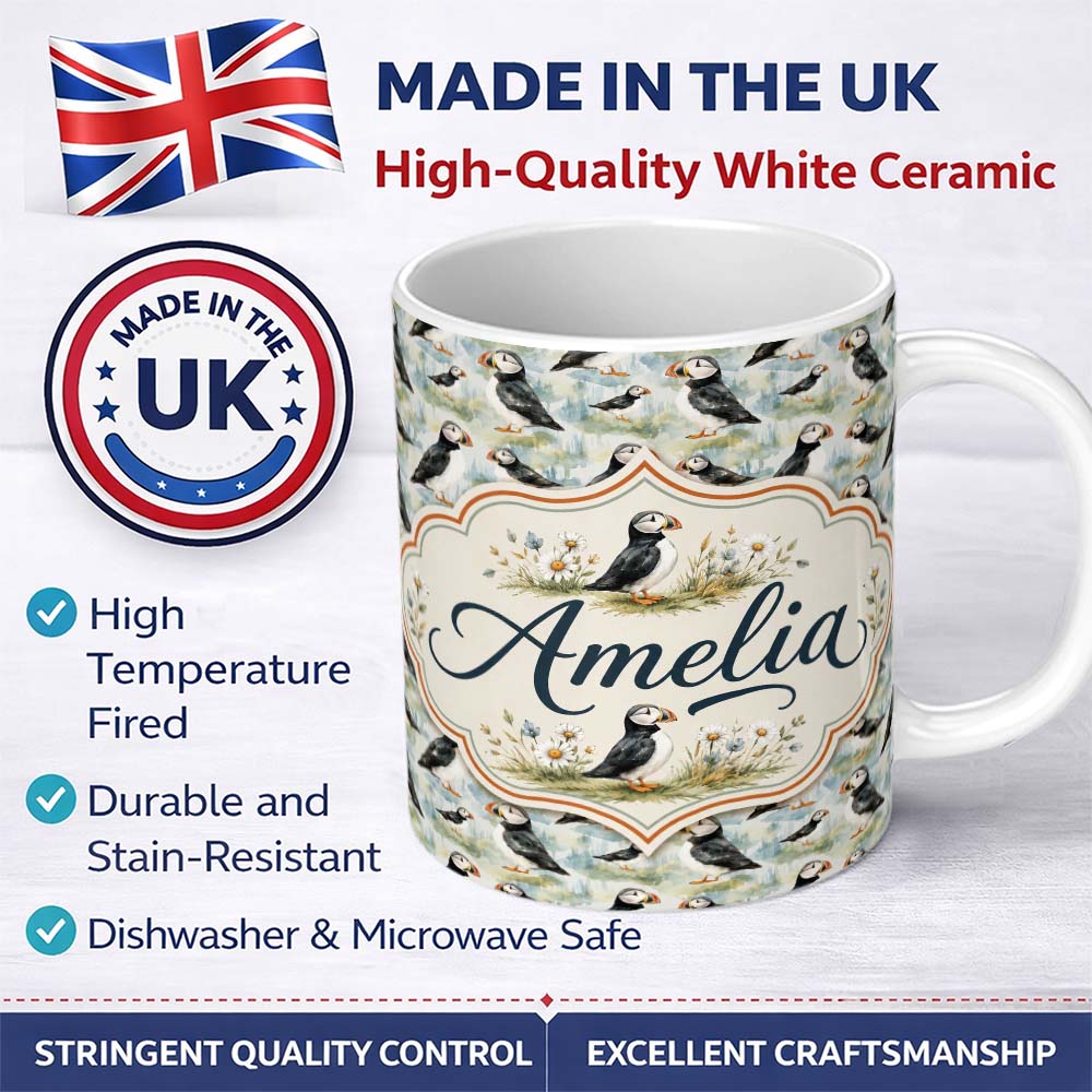 Personalized Custom Name Cute Puffin Birds Watercolor Seamless Pattern Coastal Nature Lovely 11oz Ceramic Coffee Tea Mug White Large Handle