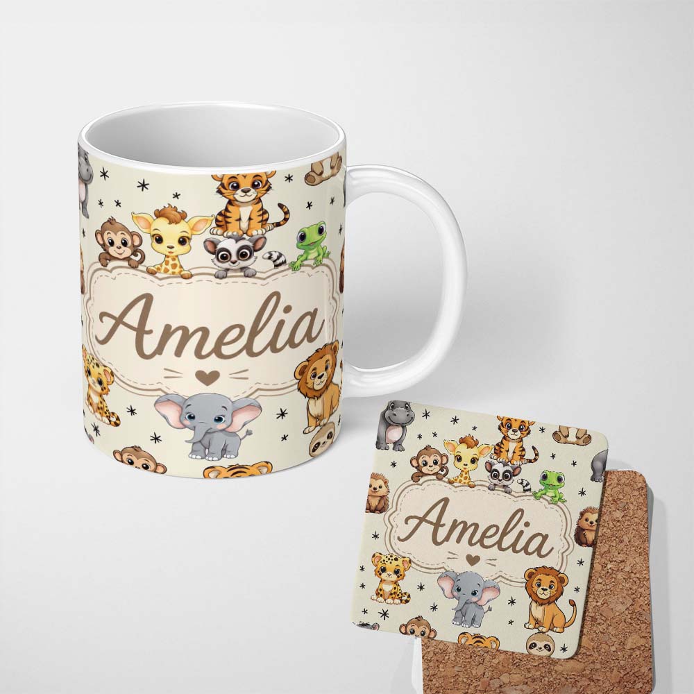 Personalized Custom Name Cute Jungle Baby Animals Lion Tiger Elephant Giraffe Pattern Cream 11oz Ceramic Coffee Tea Mug White Large Handle