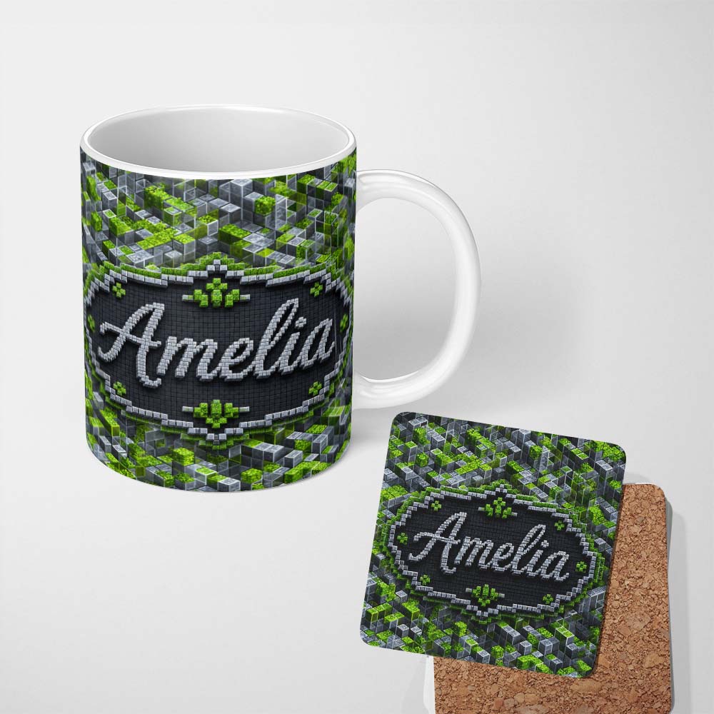 Personalized Custom Name Green Glass Cube Abstract Futuristic Seamless Pattern Lovely 11oz Ceramic Coffee Tea Mug White Large Handle