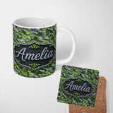 Personalized Custom Name Green Glass Cube Abstract Futuristic Seamless Pattern Lovely 11oz Ceramic Coffee Tea Mug White Large Handle