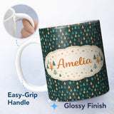 Personalized Custom Name Christmas Tree Festive Pattern Dark Teal Background Seamless Pattern 11oz Ceramic Coffee Tea Mug White Large Handle