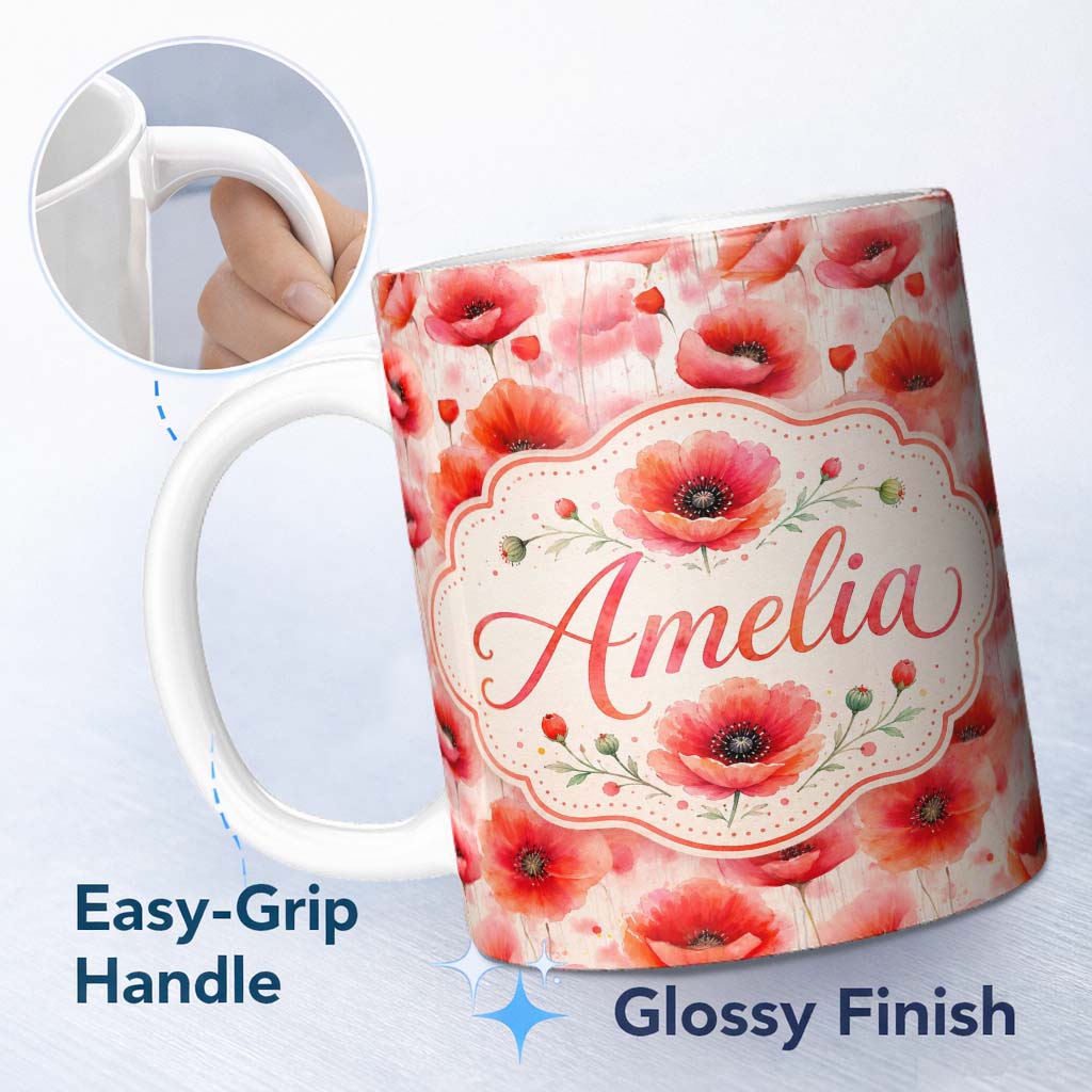 Personalized Custom Name Light Pastel Poppy Flowers Soft Artistic Seamless Pattern Lovely 11oz Ceramic Coffee Tea Mug White Large Handle