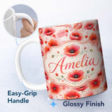 Personalized Custom Name Light Pastel Poppy Flowers Soft Artistic Seamless Pattern Lovely 11oz Ceramic Coffee Tea Mug White Large Handle