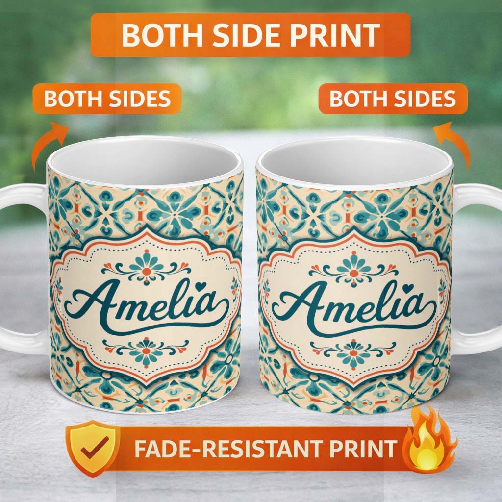 Personalized Custom Name Teal and Coral Geometric Floral Tile Pattern on Warm Cream Lovely 11oz Ceramic Coffee Tea Mug White Large Handle