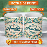Personalized Custom Name Teal and Coral Geometric Floral Tile Pattern on Warm Cream Lovely 11oz Ceramic Coffee Tea Mug White Large Handle