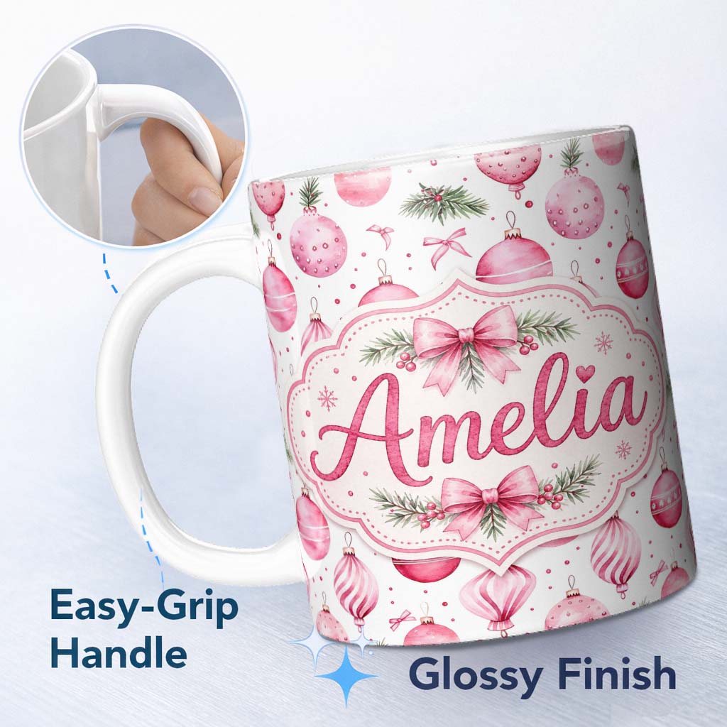 Personalized Custom Name Watercolor Pink Christmas Baubles Ribbon Pine Seamless Pattern 11oz Ceramic Coffee Tea Mug White Large Handle