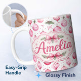 Personalized Custom Name Watercolor Pink Christmas Baubles Ribbon Pine Seamless Pattern 11oz Ceramic Coffee Tea Mug White Large Handle