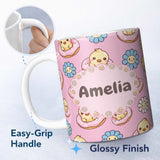 Personalized Custom Name Cute Baby Chick Donut Flowers Seamless Pattern Soft Pink Background 11oz Ceramic Coffee Tea Mug White Large Handle