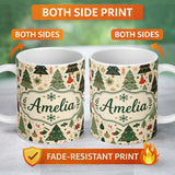 Personalized Custom Name Vintage Christmas Trees Ornaments Snowflakes Festive Seamless Lovely 11oz Ceramic Coffee Tea Mug White Large Handle