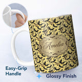 Personalized Custom Name Ornate Gothic Bats with Floral Swirls on Golden Background Halloween 11oz Ceramic Coffee Tea Mug White Large Handle