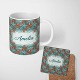 Personalized Custom Name Bold Red Floral Starburst Teal Background Seamless Pattern Lovely 11oz Ceramic Coffee Tea Mug White Large Handle