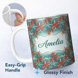 Personalized Custom Name Bold Red Floral Starburst Teal Background Seamless Pattern Lovely 11oz Ceramic Coffee Tea Mug White Large Handle