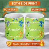 Personalized Custom Name Balloon Dog Seamless Pattern Green Background Colorful Party Design 11oz Ceramic Coffee Tea Mug White Large Handle