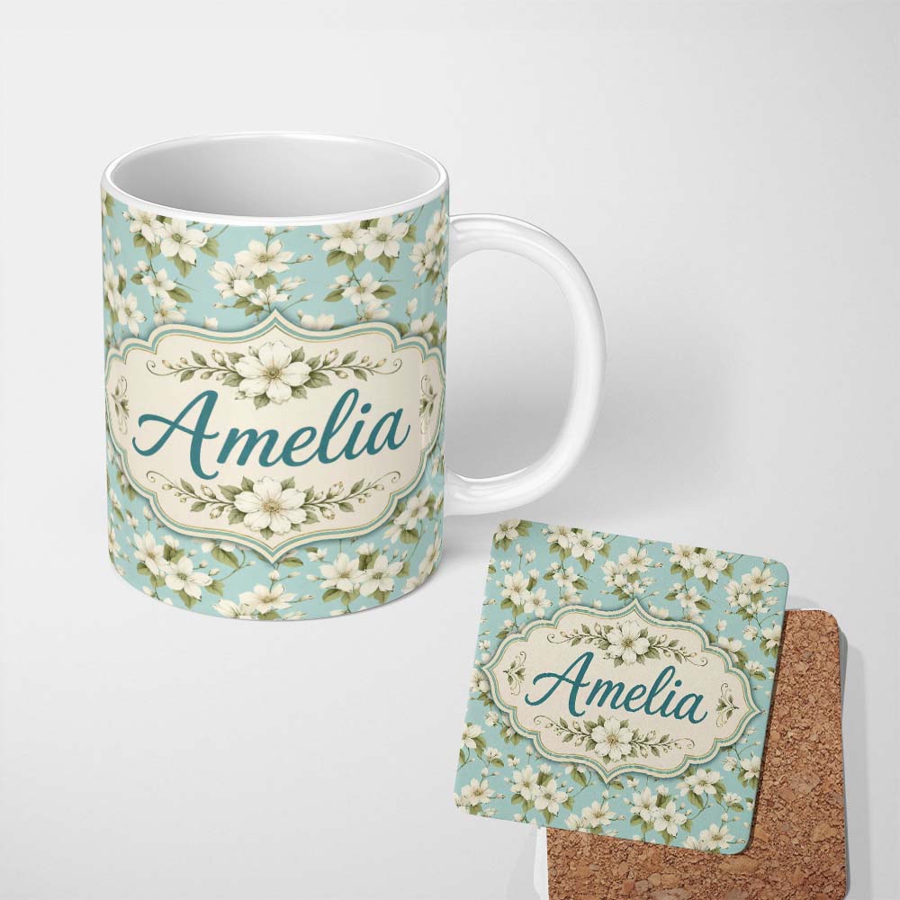 Personalized Custom Name Light Blue Background Delicate White Flower Branch Pattern Botanical 11oz Ceramic Coffee Tea Mug White Large Handle