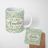Personalized Custom Name Light Blue Background Delicate White Flower Branch Pattern Botanical 11oz Ceramic Coffee Tea Mug White Large Handle