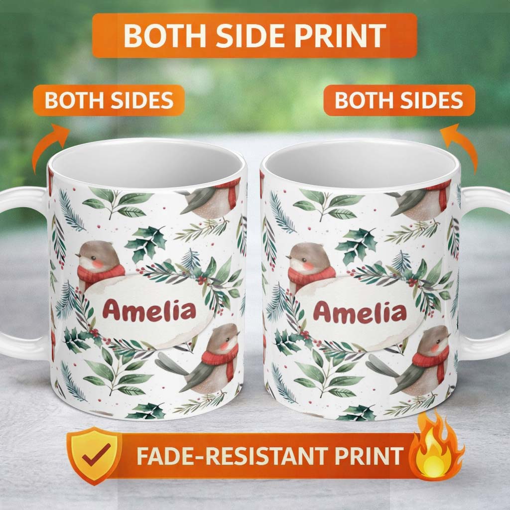 Personalized Custom Name Cute Winter Birds with Scarf and Botanical Leaves Seamless Pattern 11oz Ceramic Coffee Tea Mug White Large Handle