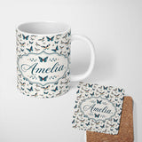 Personalized Custom Name Cute Small Butterfly Scattered Minimal Seamless Pattern Lovely 11oz Ceramic Coffee Tea Mug White Large Handle