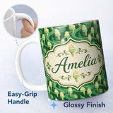 Personalized Custom Name Abstract Green Swirl Background with Vanilla Ice Cream Cones Modern 11oz Ceramic Coffee Tea Mug White Large Handle