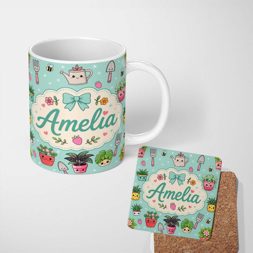Personalized Custom Name Cute Kawaii Garden Tools Plants Bees Seamless Pattern Mint Floral 11oz Ceramic Coffee Tea Mug White Large Handle
