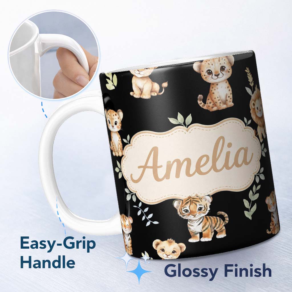 Personalized Custom Name Adorable Baby Jungle Animals with Leaves on Black Background Lovely 11oz Ceramic Coffee Tea Mug White Large Handle