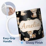 Personalized Custom Name Adorable Baby Jungle Animals with Leaves on Black Background Lovely 11oz Ceramic Coffee Tea Mug White Large Handle