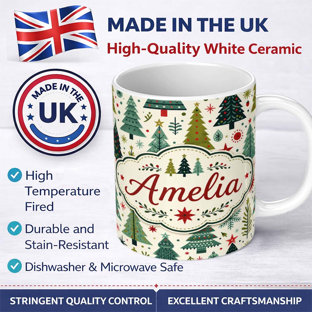 Personalized Custom Name Minimal Christmas Trees Stars Leaves Nordic Holiday Seamless Pattern 11oz Ceramic Coffee Tea Mug White Large Handle