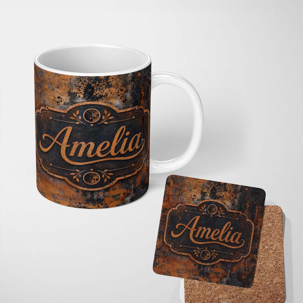 Personalized Custom Name Abstract Rust and Paint Splatter Grunge Seamless Pattern Textured 11oz Ceramic Coffee Tea Mug White Large Handle