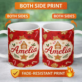 Personalized Custom Name Gingerbread House Cookie Candy Cane Seamless Pattern Lovely 11oz Ceramic Coffee Tea Mug White Large Handle