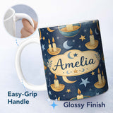 Personalized Custom Name Celestial Botanical Moon Phases Leaves Stars Seamless Pattern Lovely 11oz Ceramic Coffee Tea Mug White Large Handle