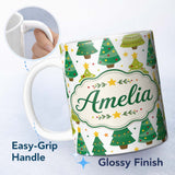 Personalized Custom Name Cute Mixed Christmas Trees Colorful Festive Seamless Pattern Lovely 11oz Ceramic Coffee Tea Mug White Large Handle
