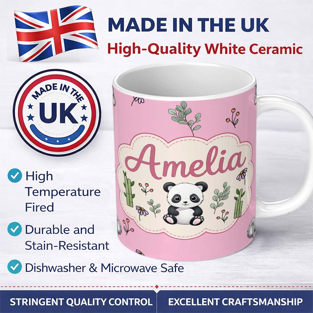 Personalized Custom Name Cute Panda Bear with Bamboo Leaves Floral Seamless Pattern Soft Pink 11oz Ceramic Coffee Tea Mug White Large Handle