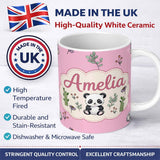 Personalized Custom Name Cute Panda Bear with Bamboo Leaves Floral Seamless Pattern Soft Pink 11oz Ceramic Coffee Tea Mug White Large Handle