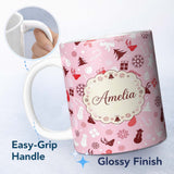 Personalized Custom Name Festive Christmas Reindeer Gift Candy Cane Seamless Pattern Lovely 11oz Ceramic Coffee Tea Mug White Large Handle
