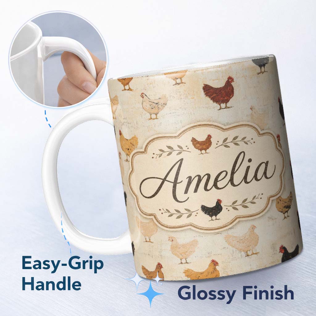 Personalized Custom Name Rustic Chicken Hen Farmyard Illustration Seamless Pattern Lovely 11oz Ceramic Coffee Tea Mug White Large Handle