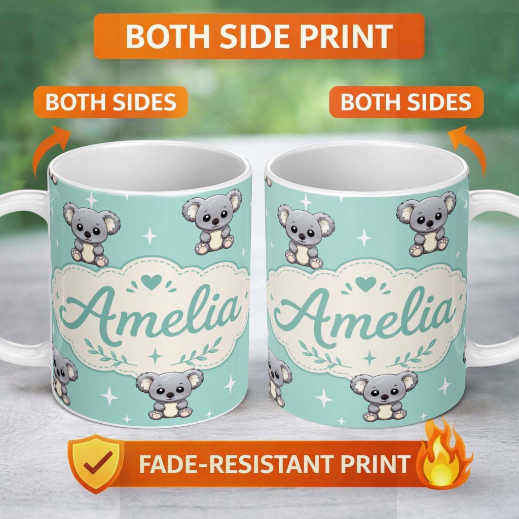 Personalized Custom Name Cute Koala Bears with Stars Mint Green Background Seamless Pattern 11oz Ceramic Coffee Tea Mug White Large Handle