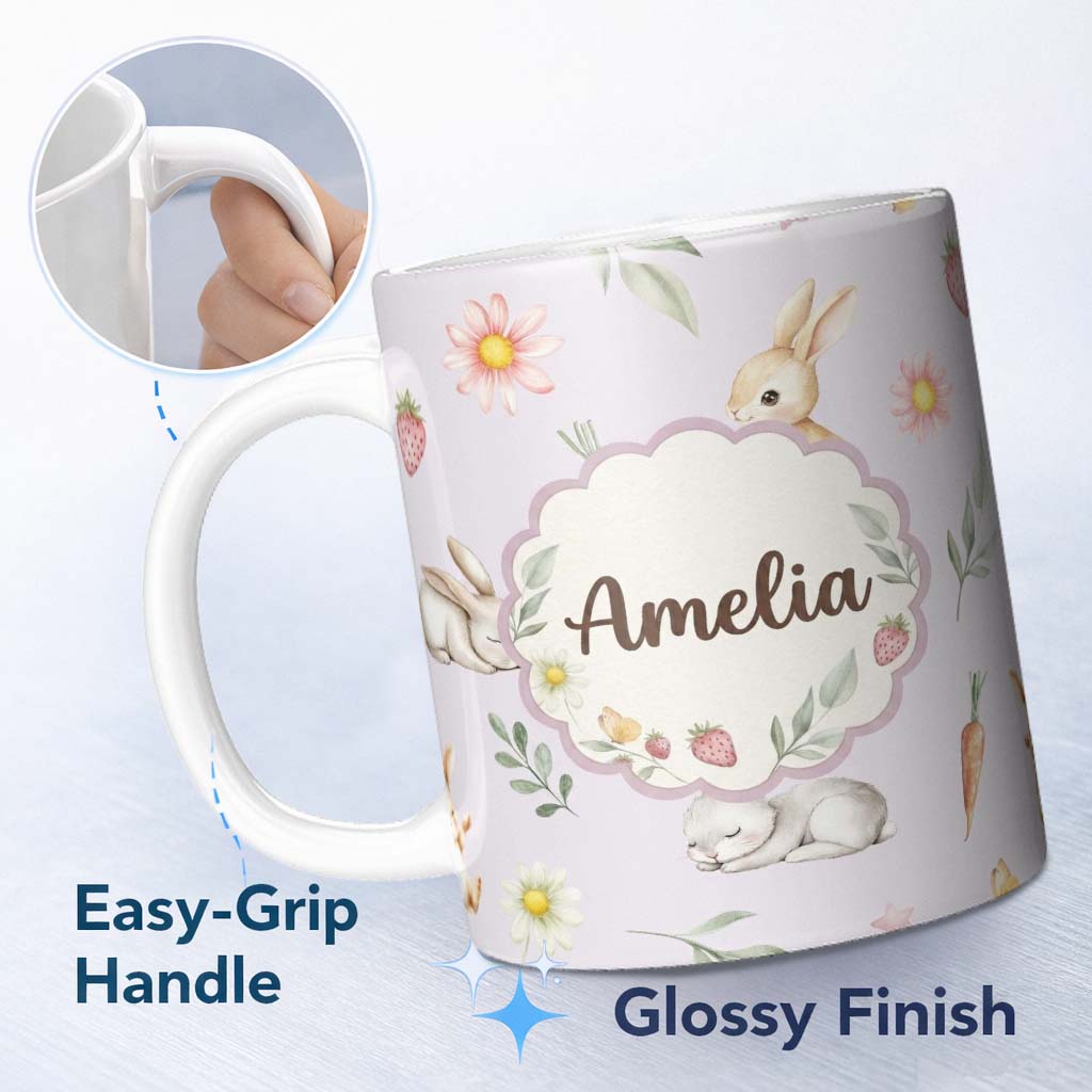 Personalized Custom Name Bunny Rabbits with Flowers Carrots and Butterflies Soft Lilac Lovely 11oz Ceramic Coffee Tea Mug White Large Handle