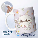 Personalized Custom Name Bunny Rabbits with Flowers Carrots and Butterflies Soft Lilac Lovely 11oz Ceramic Coffee Tea Mug White Large Handle