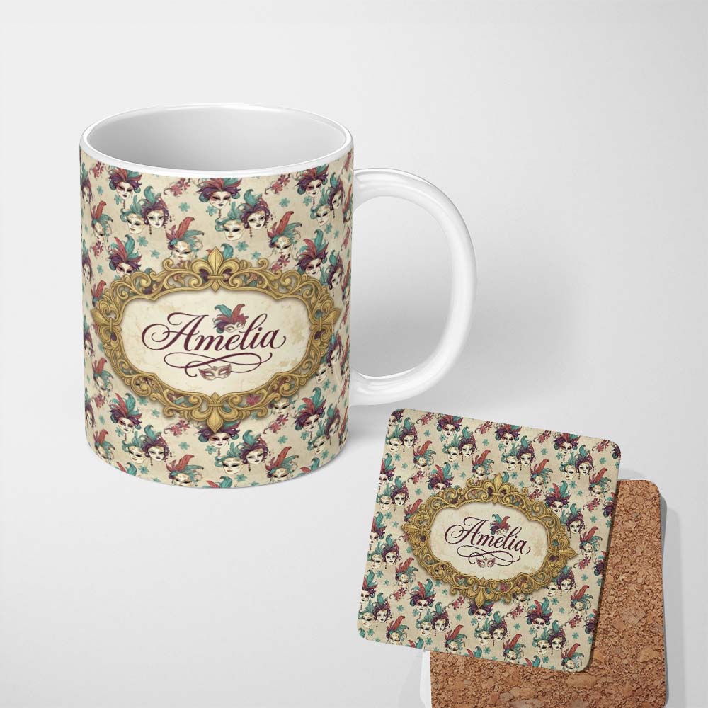 Personalized Custom Name Golden Venetian Masks with Decorative Elements on Cream Seamless 11oz Ceramic Coffee Tea Mug White Large Handle