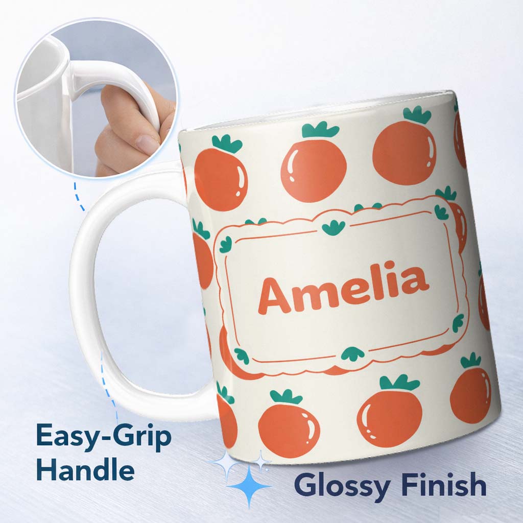 Personalized Custom Name Cute Tomato Cartoon Pattern Minimal Design Thoughtful Gift Idea 11oz Ceramic Coffee Tea Mug White Large Handle