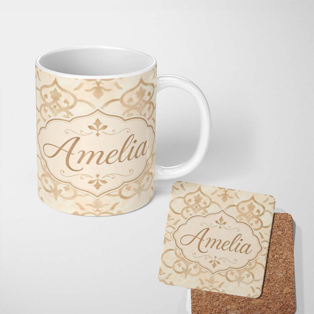 Personalized Custom Name Neutral Beige Moroccan Geometric Tile Elegant Seamless Pattern 11oz Ceramic Coffee Tea Mug White Large Handle