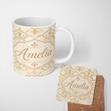 Personalized Custom Name Neutral Beige Moroccan Geometric Tile Elegant Seamless Pattern 11oz Ceramic Coffee Tea Mug White Large Handle