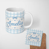 Personalized Custom Name Soft Blue And White Gingham Check Seamless Pattern Classic Lovely 11oz Ceramic Coffee Tea Mug White Large Handle