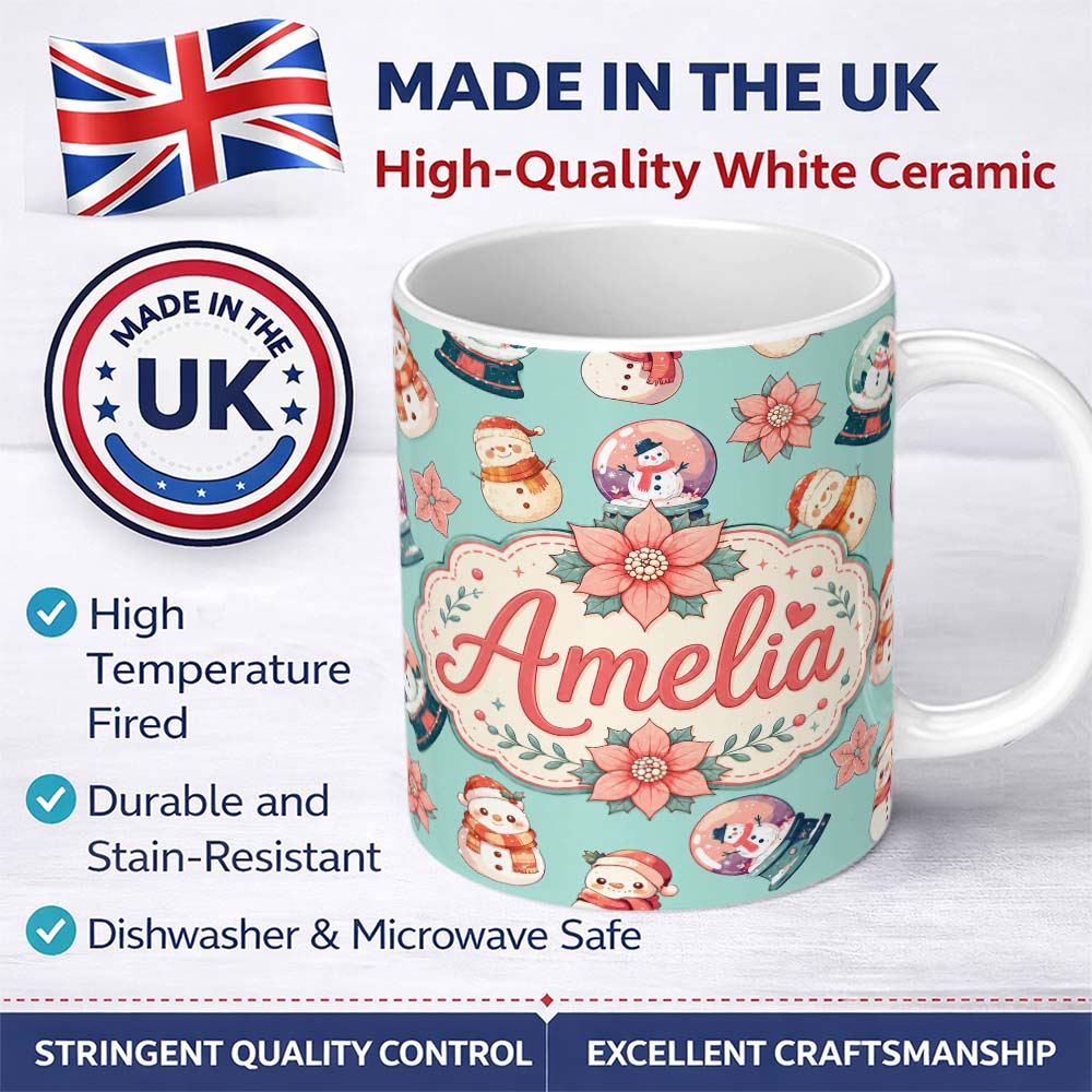 Personalized Custom Name Cute Snowman Snow Globe Poinsettia Flower Christmas Pattern Teal 11oz Ceramic Coffee Tea Mug White Large Handle