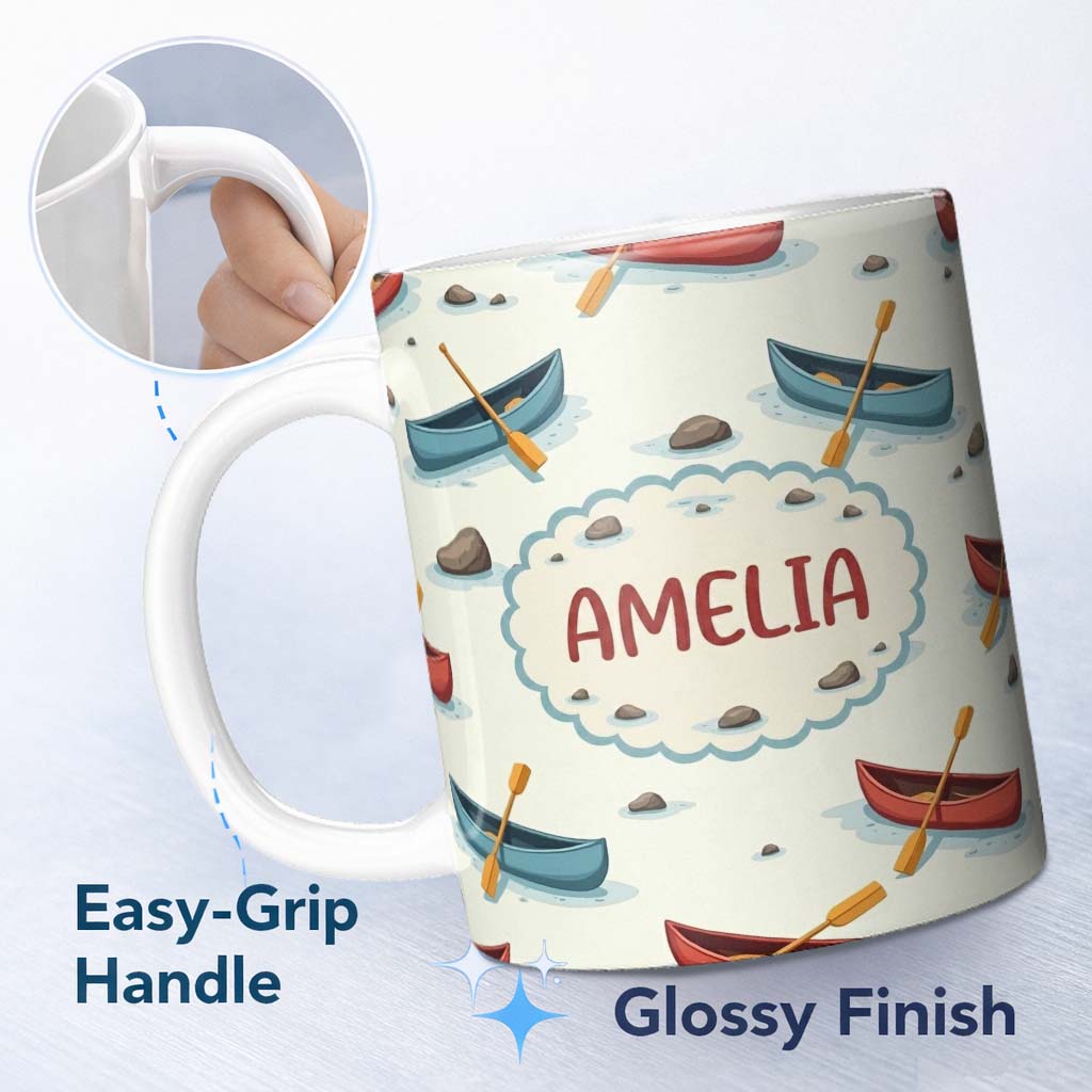 Personalized Custom Name Cute Canoes with Duck Lake Water Adventure Seamless Pattern Lovely 11oz Ceramic Coffee Tea Mug White Large Handle