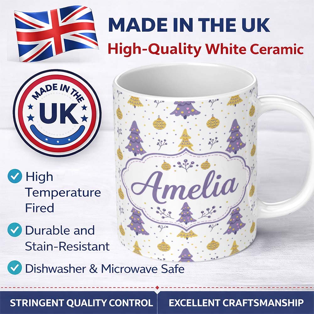 Personalized Custom Name Pastel Christmas Trees Ornaments Soft Purple Yellow Seamless Pattern 11oz Ceramic Coffee Tea Mug White Large Handle